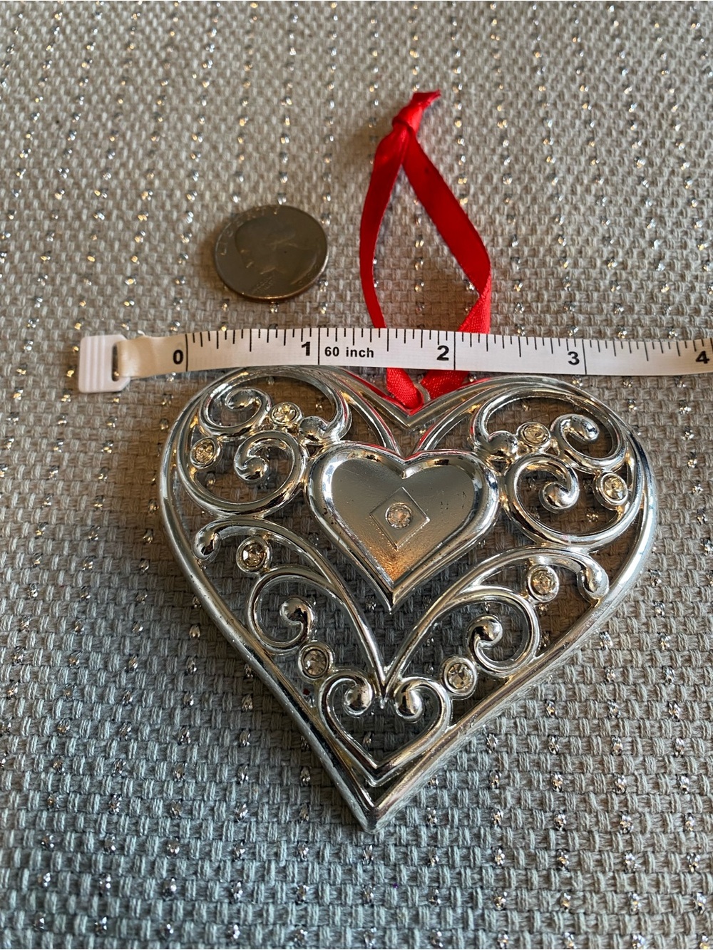 Lenox Silver Heart Holiday Ornament with Red Ribbon